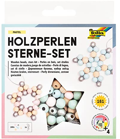 folia 22522 - Holz-Perlen Sterne Set Pastel, Bastelset mit 160 Holzkugeln und einer silbernen Schnur zum Auffädeln, zum Basteln von Sternen und Anhängern
