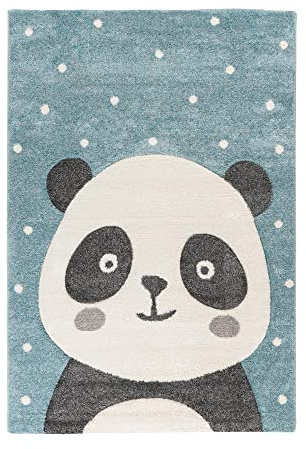 Qiyano Teppich für Kinderzimmer Spielmatte mit Tiermotiv Panda-Bär Bär Hase Pinguin Kinderteppich für Junge und Mädchen, Motiv: Panda, Farbe: Blau, Größe: 80 x 150 cm
