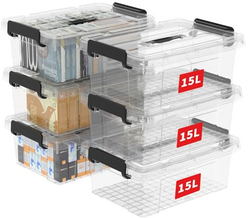 Cetomo 15L*6 Storage Boxes, Carry Plastic Storage Box with Lids, Organizing Container with Handle and Secure Latching Buckles, Stackable, Nestable, Tote Bin for Home Office Clothes, 15L-6Pack, Clear