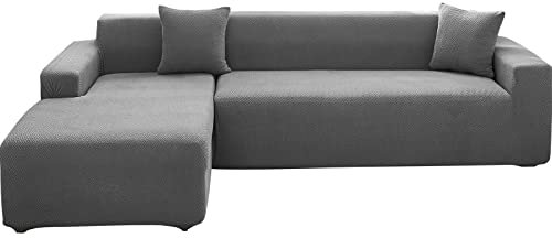 TOPCHANCES Sofabezug 3 Sitzer L Form - Weiche Anti-Rutsch-Stretch Sofabezüge Sofabezug Möbelschoner mit 2 Kissenbezügen für L geformtes Sektionssofa (Grey, Weave)