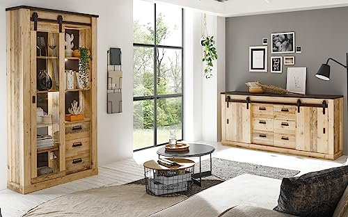 Furn.Design Esszimmer Set Holz Used Wood hell und anthrazit/grau Wohnkombination mit Beleuchtung Wohnzimmer Möbel 2 teilig mit Vitrine und Sideboard industrieller Stil Stove (Set 2 + Beleuchtung)