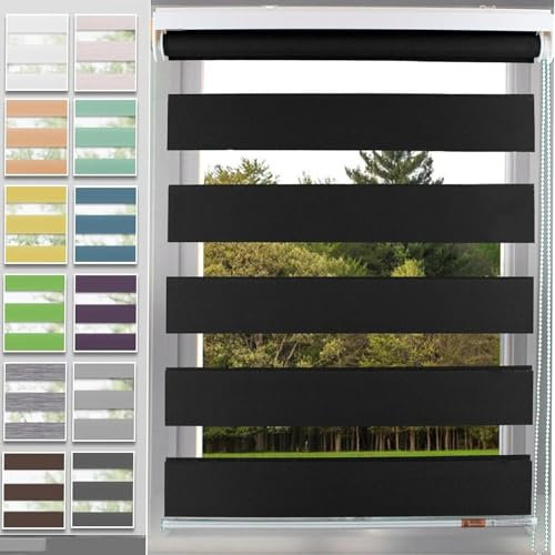 Verdunkelung Dachfenster Rollo 90 x 180 cm Höhe Stufenlos Verstellbar Rollo für Fenster, Zebrarollo Seitenzugrollo mit Bohren für Fenster & Tür, Schwarz