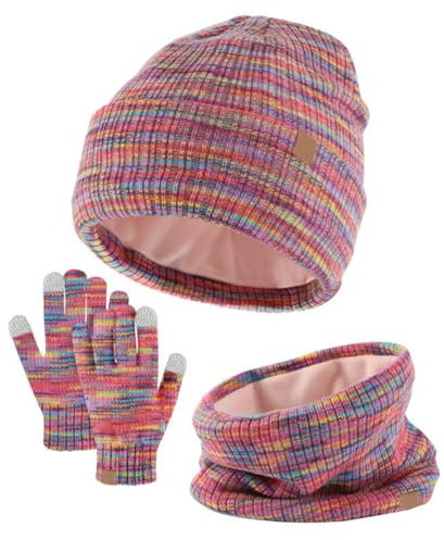 Lifup 3 in 1 Kinder Wintermütze Schal Handschuhe Set für Junge Mädch 4-10 Jahre, Wintermütze mit Bommel Strickmütze Schlauchschal Winterhandschuhe Set Regenbogen Mix