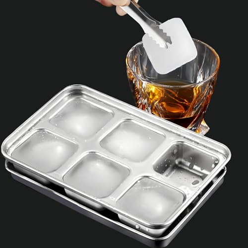 LIFEDYLUK Bacs à Glaçons avec Couvercle, Bac à Glaçons en Acier Inoxydable, Modèle de Glaçons à 6 Grilles, Bacs à Glaçons Carrés Faciles à Retirer pour Cocktail, Whisky, Vin, Bière, Chocolat