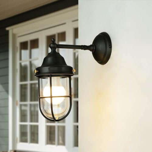 Licht-Erlebnisse Wandleuchte Außen echtes Messing Premium Glas schwarz matt IP44 für Garten/Terrasse 300 E27 Hof Eingang Wandlampe Außenleuchte Außenlampe