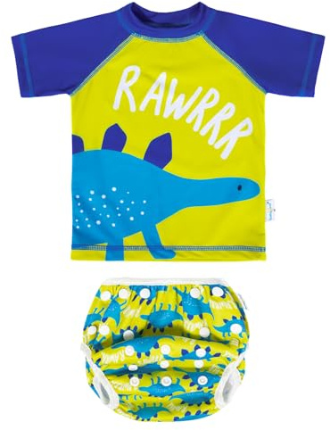 babygoal Baby Boy Swimsuit 2-Piece for 0-12 Months Infants, Bathing Suit Swim Diaper with Top Short Sleeves for Swim Lessons and Beach-Dinosaur Design