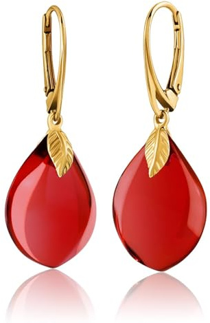 Amber by Mazukna - Pendientes de ámbar rojo - Elegante joya de ámbar colgante con accesorios dorados para mujer, pendientes de ámbar en forma de lágrima, joyería para mujer, Ámbar, Ámbar