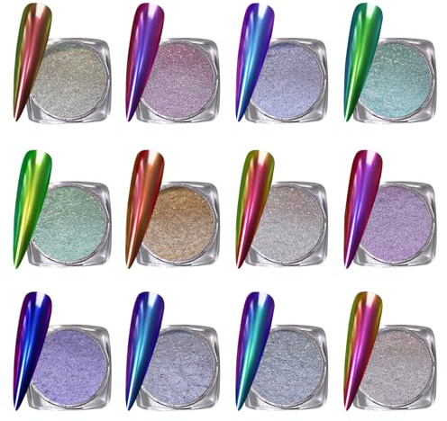 RoseFlower Chamäleon Chrome Nagelpuder, 12 Farben Glitzer Nägel Puder, Chrome Nail Powder, Spiegeleffekt Holografisches Aurora Metallisches Nagelkunst-Glitzer, DIY-Maniküre