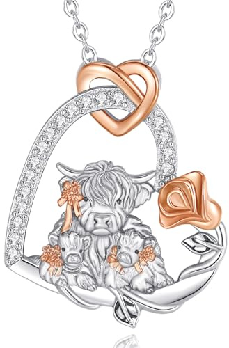 EUDORA Harmony Ball Highland Cow Mother Mom Necklace for Women S925 Sterling Silver, Highland Cow Mother and Two Calves Heart Rose Maternal Love Pendant Mother's Day Jewelry Gifts for Mother Mom, 18