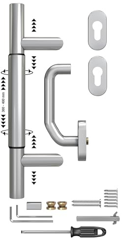 BASI | Stoßgriff variabel 300-400 mm Komplett-SET | Zur Renovierung/Modernisierung von Haustüren | Ohne Bohren | Edelstahl | Für Altbau und Neubau | inkl. Montagezubehör