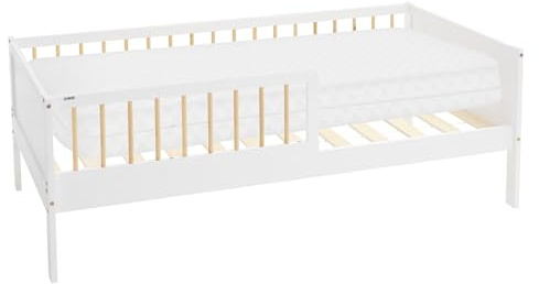 ML-Design Cama Infantil con Colchón 80 x 160 cm de Madera Maciza de Pino Blanco-Beige, Lecho Individual para Niños y Niñas con Somier de Láminas y Protección Anticaída Cuna para Habitación Juvenil