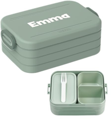 Mepal Brotdose mit Namen To Go - Personalisierte Bento Lunchbox - Geeignet für bis zu 4 Butterbrote - Bento-Fach & Gabel - BPA-frei & Spülmaschinenfest - 900 ml - Midi - Nordic sage