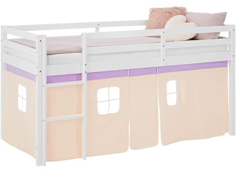 Homestyle4u Hochbett 90x200 cm Beige Kiefer Massivholz mit Vorhang & Leiter