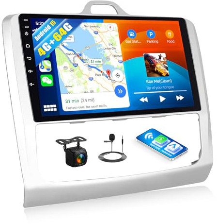 SIXWIN 4+64G Android 15 Radio Coche para Ford Focus Mk2 Mk3 Exi MT 2 3 2004-2011 con CarPlay&Android Auto,9 Pulgadas Pantalla Táctil con Bluetooth/WiFi/GPS/FM/RDS/USB 32EQ con Cámara Trasera