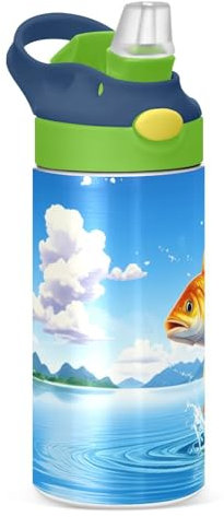 JUMBEAR Jumping Golden Carp Bouteille d'eau isotherme de 350 ml avec couvercle à paille, bouteille d'eau en acier inoxydable pour l'école, garçons et filles