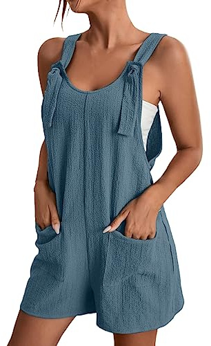 PAIDAXING Daily Womens Jumpsuit Sleeveless Cotton Linen Playsuits Short Dungarees Adjustable Strappy Shorts Rompers Summer Short Overalls One Piece Jumpsuits with Pockets