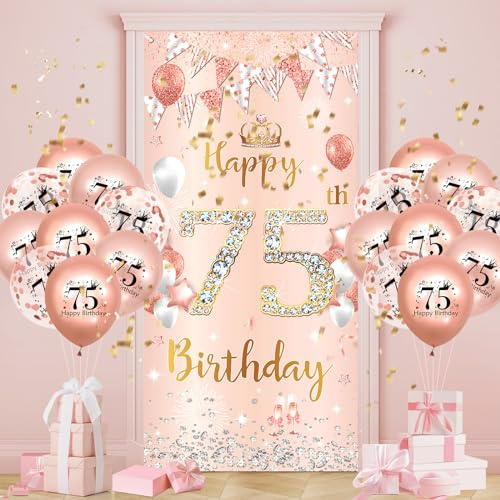 75.Geburtstagsdeko Frauen,Roségold 75 Banner mit Luftballons,75.Geburtstag Dekoration für 75 Jahre Frauen 75th Happy Birthday Geburtstags Hintergrund Türbanner 75.Ballon Jubiläum Geburtstag Party Deko