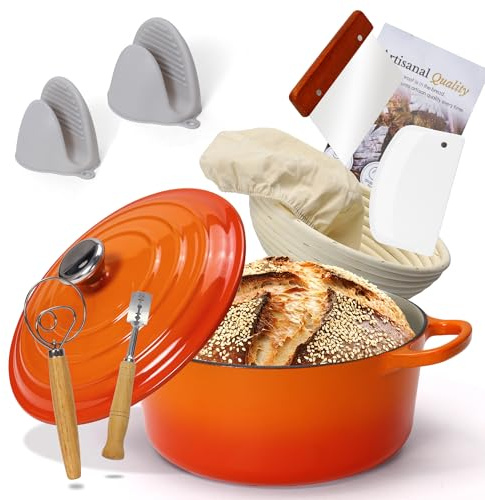 Enameled Cast Iron Dutch Oven with Proofing Basket, Non-Stick Ovenproof Casserole Pot, Orange Dutch Oven for Braising, Stews, Roasting & Bread Baking 5Litres-26cm