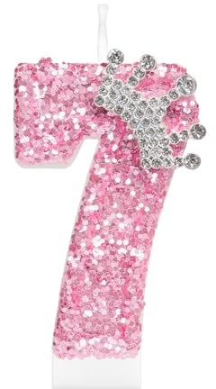 mciskin Födelsedagskrona ljus för flickor, rosa 7:e födelsedagsdekorationer för flicka, glitter nummer 7 ljus för tårta, rosa paljetter ljus med krona för prinsessfestdekorationer, jubileumsmaterial