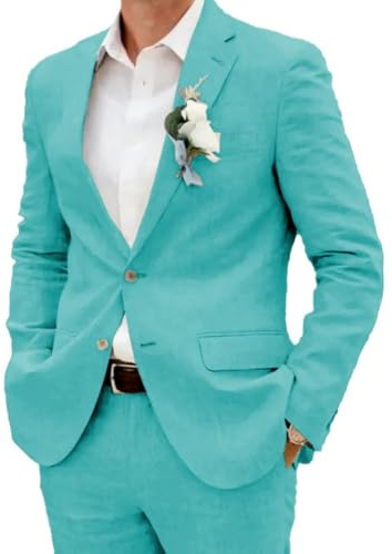 Ensemble de costume décontracté 2 pièces en lin pour homme, blazer à deux boutons, veste et pantalon pour bal de fin d'année, fête de mariage, turquoise, 50