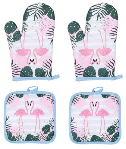 OUDQFCJ Flamingo Ofenhandschuhe und Topflappen Set Lustige Kochhandschuhe Hitzebeständig Topfhandschuhe Baumwolle zum Kochen Backen und Grillen