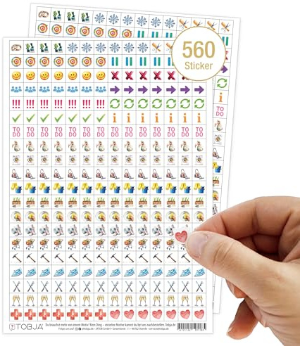 TOBJA 560 Kalender Sticker für Terminplaner & Organizer - Bunte Aufklebern für Haushalt, To-Dos, Journaling & Planung – Fotoalbum Sticker, Tagebuch & Kalender Zubehör (Erweiterungsset)