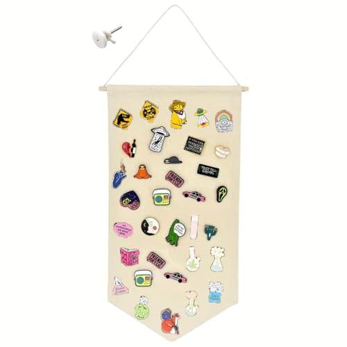 JEHANOIRY Wall Hanging Brooch Pin Organizer, Canvas Display Jewelry Storage Case, Pin Display Banner Holder for Earrings Necklace Glitter Pin Collection Organizer (Off-white)