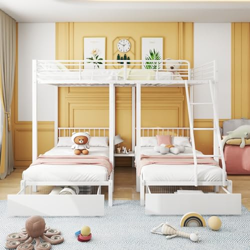 Litera triple con cajones, estructura de metal resistente convertible en cama doble y individual, cama de metal multifuncional que ahorra espacio