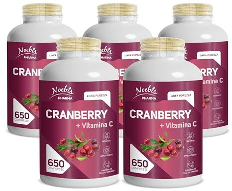 Cranberry + Vitamina C Noebis Pharma - Mirtillo Rosso 650 Compresse - Vie Urinarie, Drenaggio Liquidi e Azione Antiossidante (Confezione da 5)