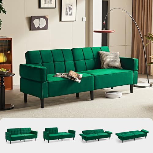 LINSY HOME Sofa mit Schlaffunktion, Schlafsofa mit Verstellbarer Rückenlehne Armlehnen, 3 Sitzer Sofa mit Bettfunktion aus Samtstoff, 230 x 100 cm Liegefläche, Ideal für Wohnu (Grün)