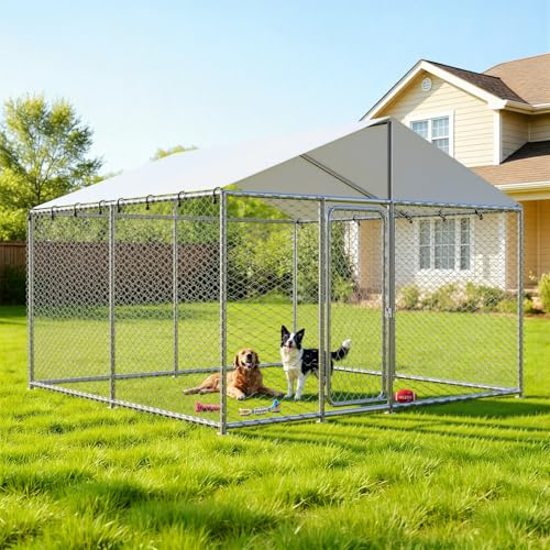 IronovaPets 10'x10' Large Outdoor Dog Kennel Outside for Large Dogs, Heavy Duty Dog Enclosure with Wire Mesh Fence, Lock & Waterproof Cover