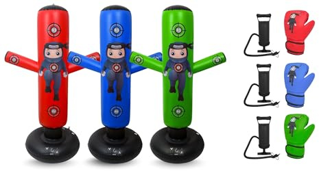 Puncho Punching Bag for Kids Bundle Set - Includes Blue + Red + Green PUNCHO, 3 Gloves, 3 Pump & eBook – Indoor Active Set for Boys and Girls – Holidays Boxing Gift for Siblings or Friends