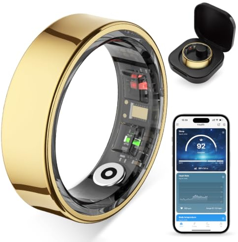 COLMI R09 Smart Ring Women with Body Temperature and Sleep Tracker, Stress & Cycle Reminder Insights, 5ATM Waterproof, Wearable for Couple Gift No Subscription Fee with Charging Box (Gold, 7#)