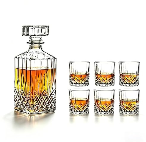 Hyesrtey Whisky Dekanter & Gläser Set 7-teilig, 750ml & 6x 220ml | Kristallglas, Silikonverschluss, Spülmaschinenfest, Geschenk für Männer