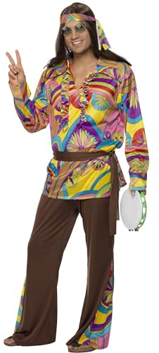 Smiffys, Herren Hippie Kostüm, Hose, Hemd, Stirnband und Gürtel, Größe: L, 32032