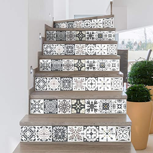 6 Tile Stair Stickers, Cement Tile Riser Stickers, Cement Tiles Adhesive Stair Cement Tiles – Azulejos – 15 x 105 cm – 6 Strips