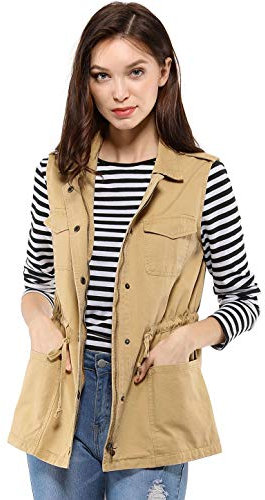 Allegra K Damen Ärmellos Drawstring Knopfleiste Cargo Weste Jacke Khaki XS