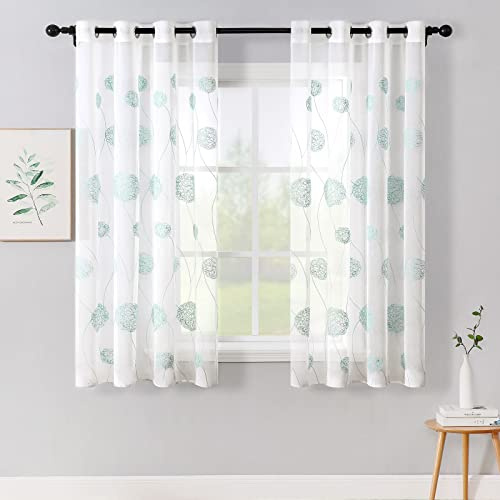 MIULEE Kurz Vorhänge Florale Stickerei Blau, Gardinen 2er Set 140x145cm | Transparent Voile Blumen Muster Vorhänge Durchsichtig mit Ösen, Leichte Dekorative Gardinen für Wohnzimmer Schlafzimmer