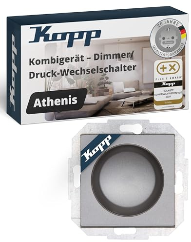 Kopp ATHENIS Druck-Wechselschalter-Dimmer mit Drehknopf - Stahlfarben - Dimmbarer Lichtschalter für Lampen, LED & Trafos - 20-25W RL & 3-35W LED - Phasenanschnittsdimmer mit Softrastung