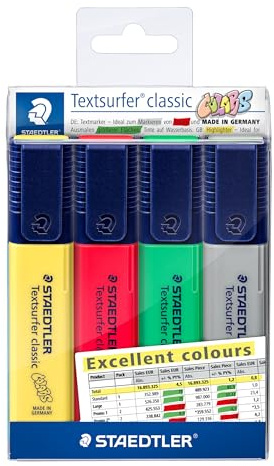 Staedtler Textsurfer Classic, Surligneurs de haute qualité aux couleurs d'Excel, Pointe biseau de 1 à 4 mm, Étui plastique avec 4 surligneurs assortis, 364 CWP4-X