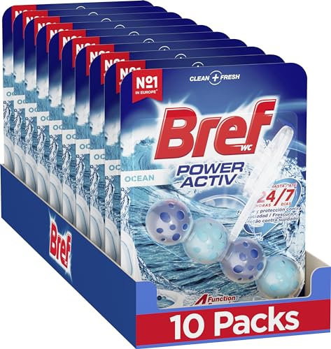 Bref Power Activ Oceano Cesta WC - Limpia baño para un WC siempre limpio y fresco, limpiador de baños con fórmula antical que elimina la suciedad, pack de 10 unidades