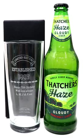 Regalo Personalised Pint Glass & Cider - Established Birthday Design (Thatchers Haze Somerset Cider, No Gift Box)