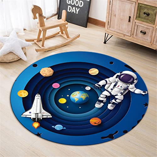 SRTJURFG Runden Teppiche Weich Groß rutschfest Waschbar Teppich Cartoon-Weltraum-Astronaut für Wohnzimmer Kinderteppiche Flauschige Runden Groß Schutzmatten ø 120CM