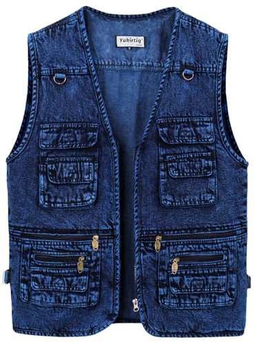 Yukirtiq Chaleco de Mezclilla para Hombre Chaqueta Sin Manga de Jeans Denim Casual Chaleco de Tela Vaquera Multibolsillos, Azul oscuro, XXL