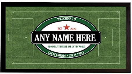 Personalisierbare Barläufermatte – roter Stern, Fußballplatz, grünes Bier, Labelmatte – Sportbar