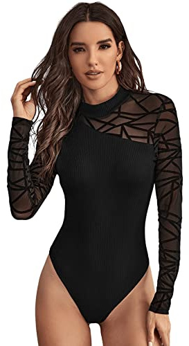GORGLITTER Body Damen Langarm Strick Sexy Mesh Bodysuit Langarmbody Damen Elegant Damenbody Mit Stehkragen Schwarz XL