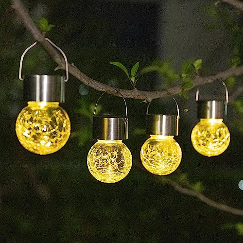 GIGALUMI Solar-Hängeleuchten für außen, 4 Stück Solar-Außenleuchten, rissiges Glas, Wasserdicht Solarleuchten für außen, Garten, Weihnachtsdeko, Hof, Zaun, Baum (warmweiß)