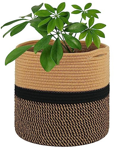 Tenn Well Pot de Fleurs 30 cm pour Plantes d'Intérieur avec Doublure, Panier de Rangement en Coton Tissé Grand Pots pour Plantes d'Intérieur et Décoration de la Maison (Noir Marron)