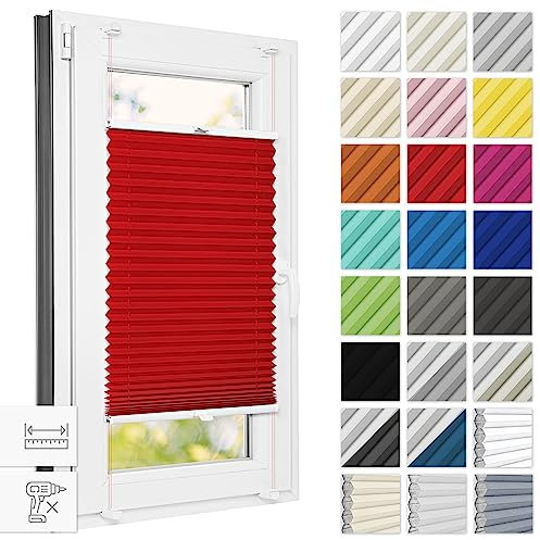 Estika Plissee ohne Bohren 80 cm x 120 cm - Rot - Bruchfeste Klemmhalter, Plissee klemmfix, Rollos für Fenster ohne Bohren, Jalousien Fenster für innen, Raffrollo, Fenster plissee
