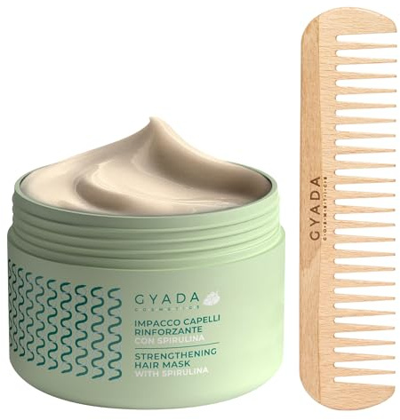 GYADA COSMETICS, Stärkende Haarpackung mit Spirulina, nährend, gegen Haarausfall, wirkt Doppelspitzen, 250 ml + Kamm aus Buchenholz, ideal zum Entwirren aller Haartypen